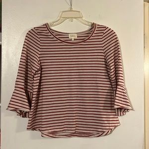 Deletta Anthropologie red/cream striped boatneck 3/4 bell sleeve top